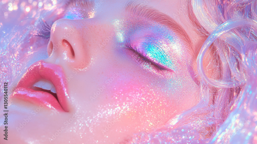 Fototapeta premium A close-up portrait showcasing sparkling pastel makeup with dazzling holographic effects, embodying a dreamy aesthetic.