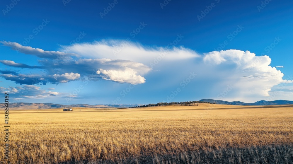 A golden field extends beneath a beautiful and expansive sky A golden field extends beneath a beautiful and expansive sky