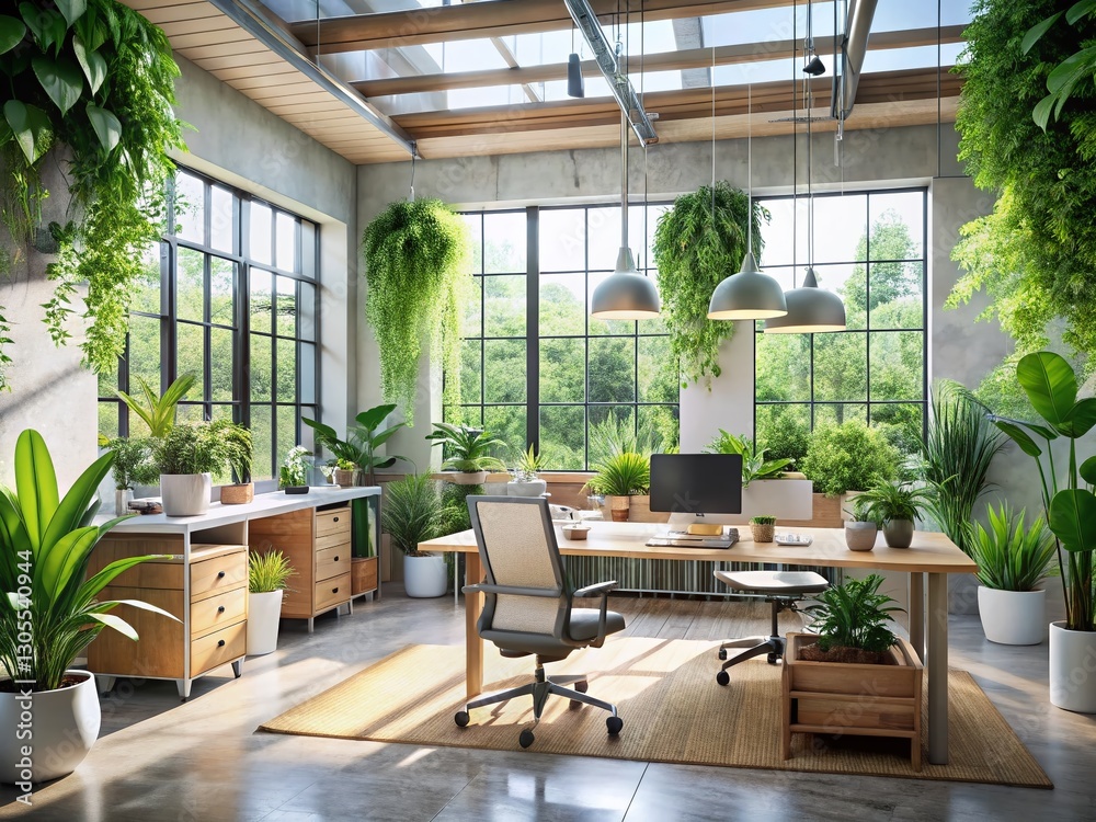 Fototapeta premium Lush Indoor Plants Enhance Modern Office Biophilic Design