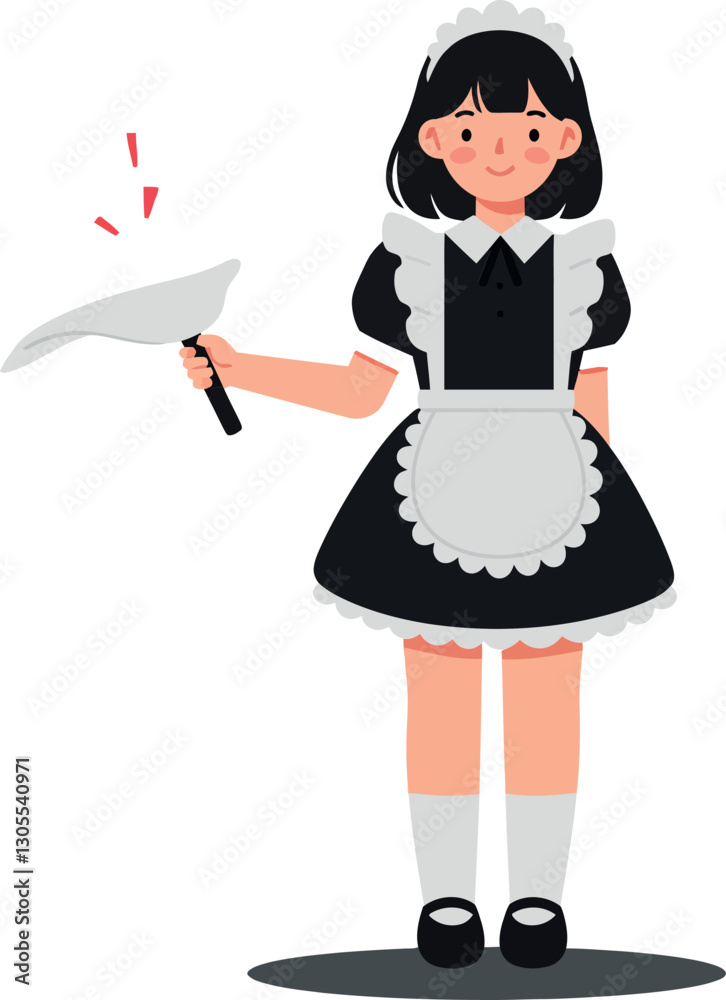 Fototapeta premium A cheerful maid in a classic black and white uniform holding a cleaning spray bottle in a minimal vector illustration