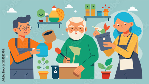 The DIY Workshop for upcycling and repurposing teaches seniors how to transform old items into new and useful objects reducing waste and saving money.. Vector illustration