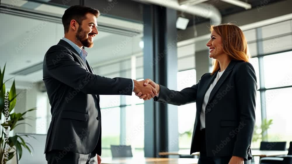 Smiling Businesspeople Shaking Hands in Modern Office Smiling Businesspeople Shaking Hands in Modern Office