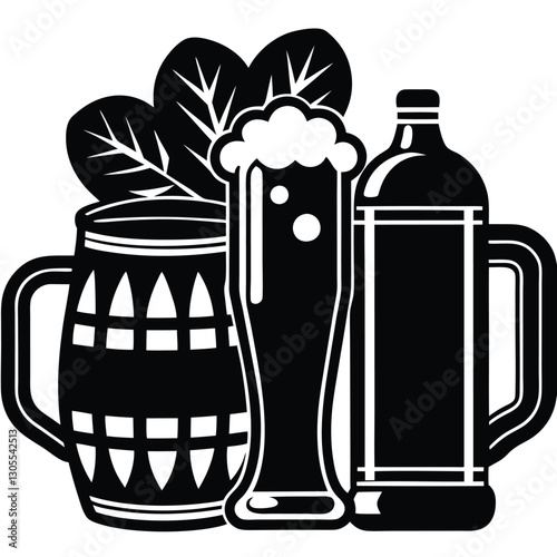 Vintage Beer Mug Collection,Retro Beer Glasses and Barley,Classic Beer Stein Design | Brewery-Themed Artwork.