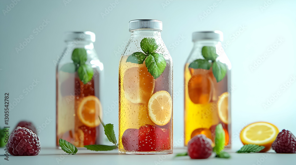 Refreshing fruit-infused beverages with mint and berries displayed on a minimalist background Refreshing fruit-infused beverages with mint and berries displayed on a minimalist background