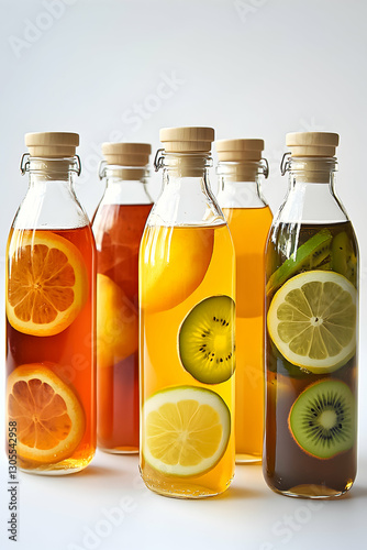 Wallpaper Mural Colorful bottles of fruit-infused beverages arranged on a light background with fresh fruits inside Torontodigital.ca