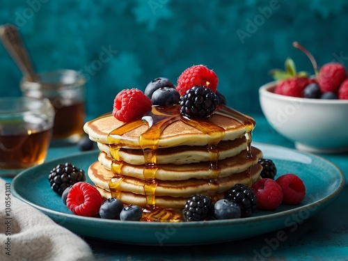 Wallpaper Mural Fluffy pancakes with maple syrup, topped with fresh berries, on a rich turquoise background Torontodigital.ca