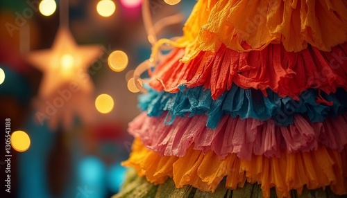 Close-up of handmade piñata with multicolored crepe paper layers, festive background with fairy lights