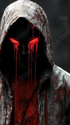 Mysterious figure with glowing red eyes and blood-like streaks in dark setting creates an eerie atmosphere