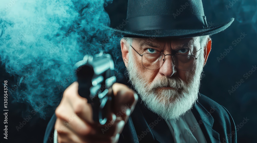 Intimidating Mafia Boss Poses with Gun Surrounded by Smoke and Chaos in Dark Environment Intimidating Mafia Boss Poses with Gun Surrounded by Smoke and Chaos in Dark Environment