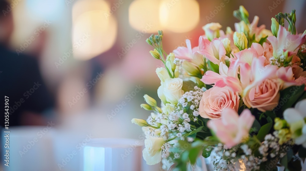 Obraz premium Elegant floral arrangement with pink roses and lilies in soft focus setting.