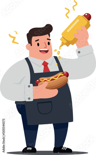 Cheerful hot dog vendor in a black apron squeezing mustard onto a freshly prepared sausage, illustrated in a minimal and colorful vector art style