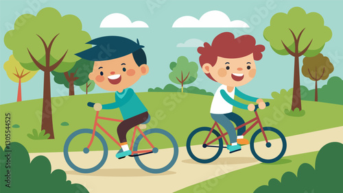 Two boys riding their bikes through a park their laughter echoing through the trees as they race each other and make up silly songs.. Vector illustration