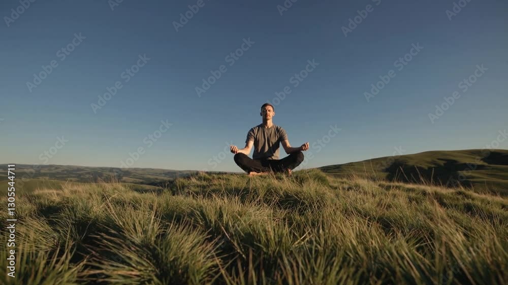 A man sits in a meditative pose on a grassy hilltop under a vast blue sky, surrounded by rolling hills and bathed in soft sunlight, creating a peaceful and serene outdoor setting A man sits in a meditative pose on a grassy hilltop under a vast blue sky, surrounded by rolling hills and bathed in soft sunlight, creating a peaceful and serene outdoor setting