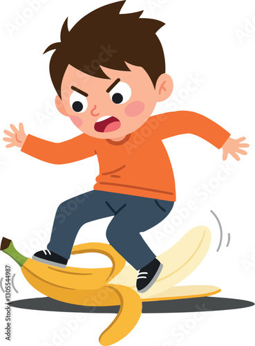 A young boy in an orange shirt slips on a banana peel in a playful and humorous flat vector art scene