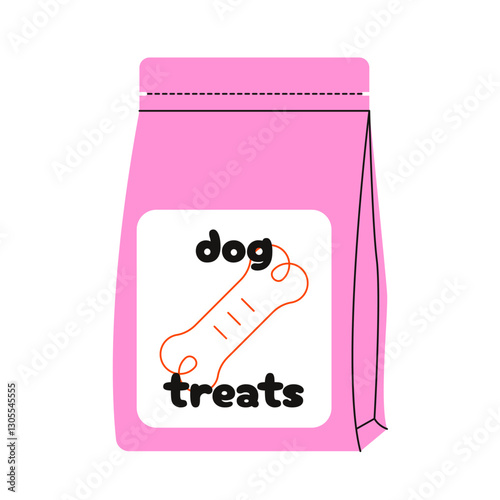 Dog food. Cartoon feed for dogs in bag package, domestic animal dry meal packaging design with line bone icon, doggy treats for pet shops. Vector isolated illustration