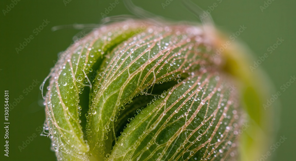 Fototapeta premium Close-up of Flower Bud with Water Droplets on Green Background
