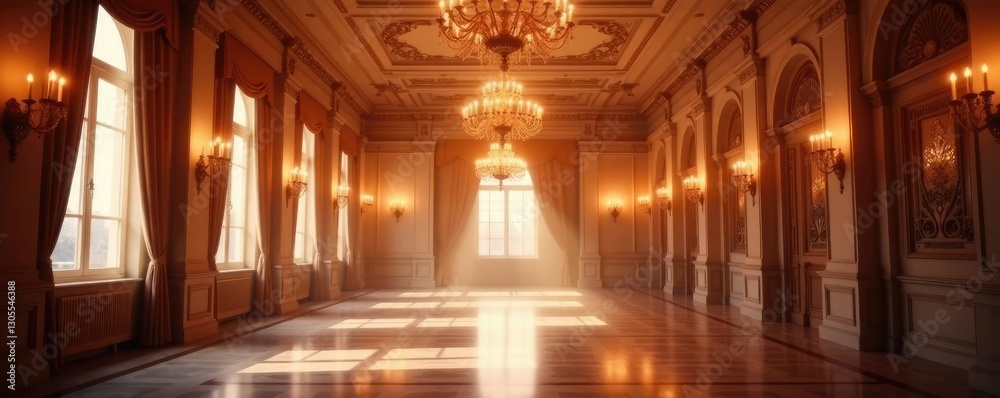 Obraz premium Chandeliers in a grand ballroom with soft light, gentle, warm, calming