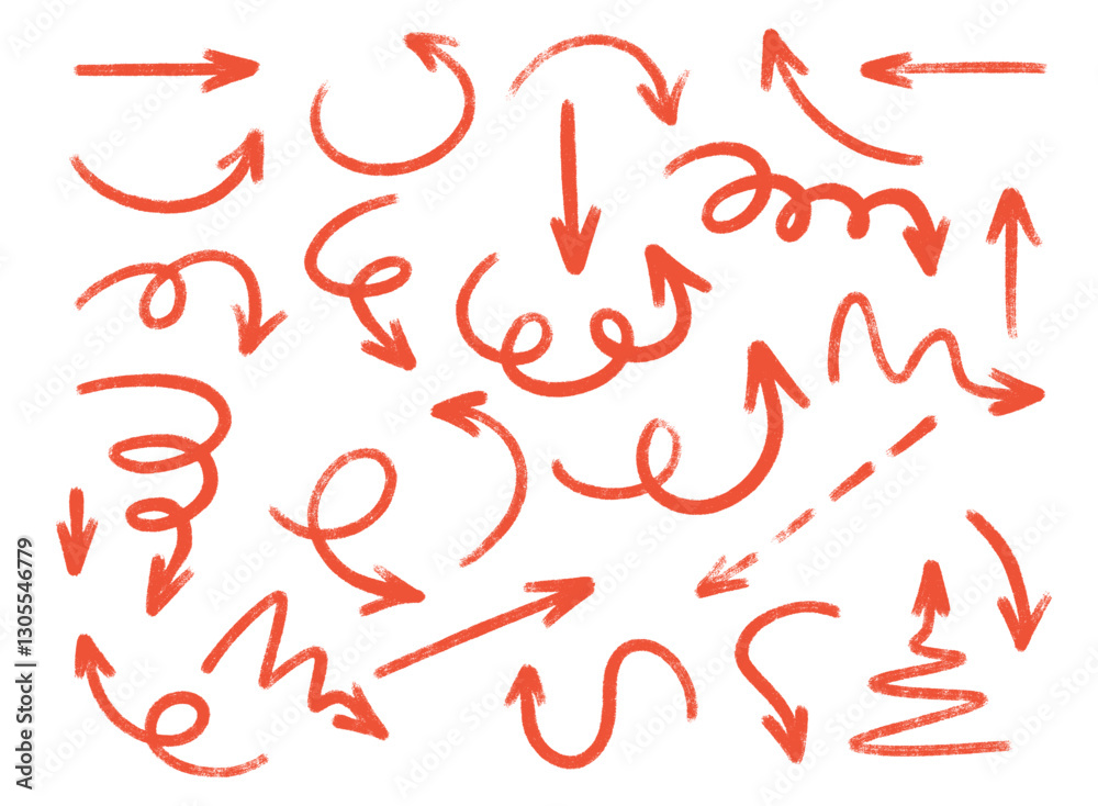 Red crayon arrow collection with diverse directional markers on white background. Hand drawn pointers for infographics, presentations or education design. Brush stroke indicators with grunge texture. Red crayon arrow collection with diverse directional markers on white background. Hand drawn pointers for infographics, presentations or education design. Brush stroke indicators with grunge texture.