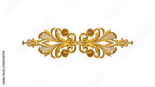 A symmetrical golden ornate design featuring intricate floral elements, rococo and baroque styles, roses and gilded details against a black background. Elegant and luxurious. photo