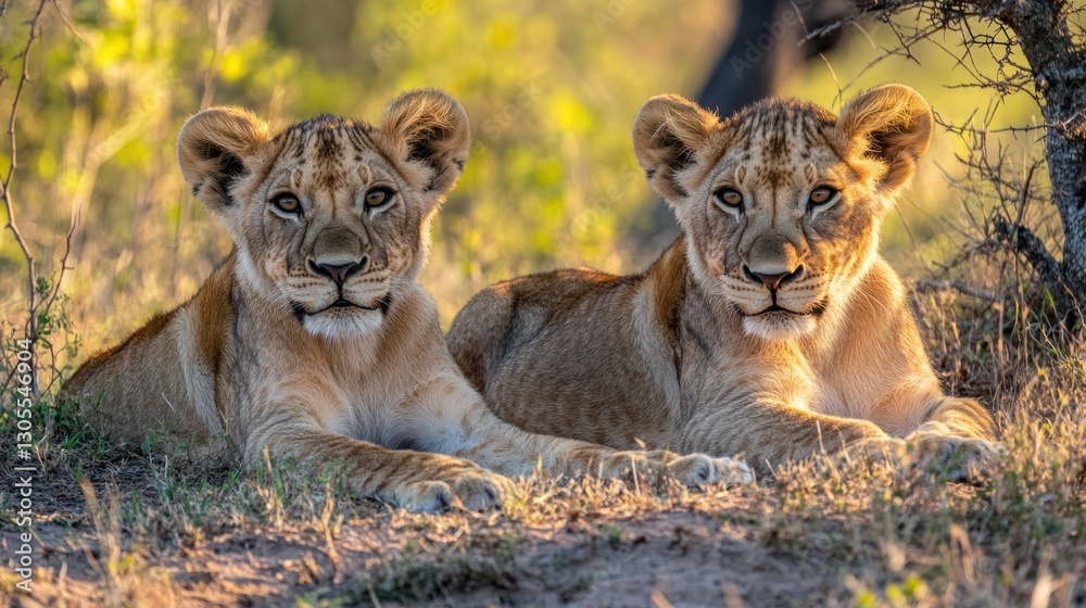 Two Lion Cubs Resting Side By Side In The Grass Two Lion Cubs Resting Side By Side In The Grass