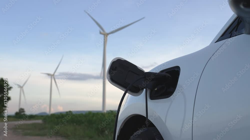 Progressive future energy infrastructure concept of electric vehicle being charged at charging station powered by green and renewable energy from a wind turbine in order to preserve the environment.