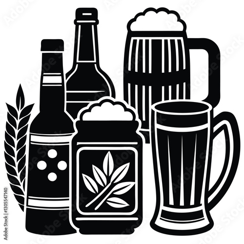 Vintage Beer Mug Collection,Retro Beer Glasses and Barley,Classic Beer Stein Design | Brewery-Themed Artwork.