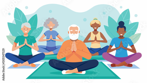Seniors gather in a peaceful and inclusive space led by a holistic yoga instructor who incorporates elements of meditation and mindfulness into the practice for a holistic. Vector illustration