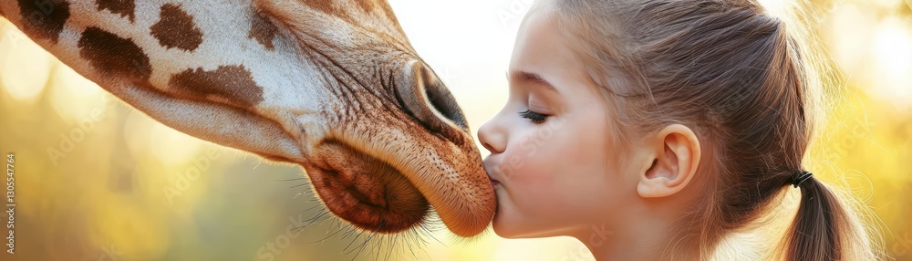 A Delightful Moment Between a Child and a Giraffe in a Natural Setting