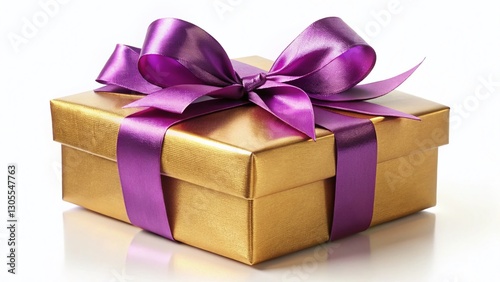Luxurious Golden Gift Box with Purple Ribbon, Panoramic White Background Stock Photo