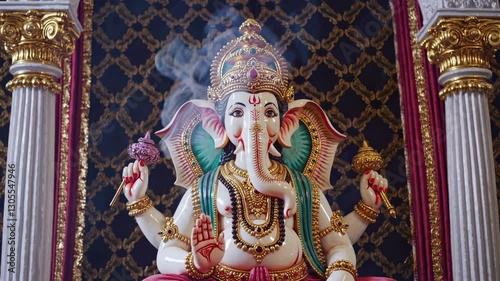 Wallpaper Mural A video captures a front-facing angle of a detailed Ganesha statue, showcasing intricate designs and vibrant colors against an ornate backdrop. Torontodigital.ca