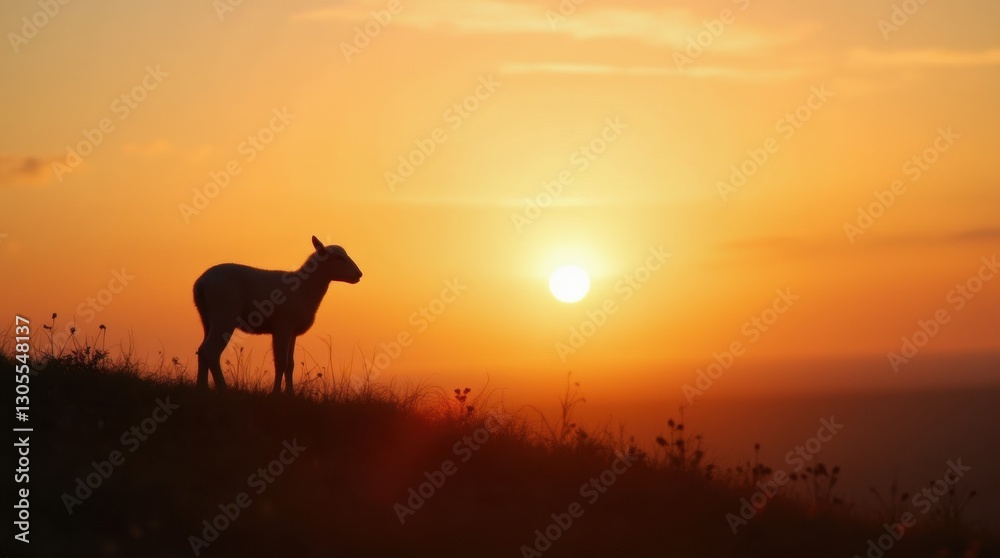 Silhouette of an Easter lamb standing on a hill at sunset, bathed in soft golden light, creating a peaceful and symbolic atmosphere. Silhouette of an Easter lamb standing on a hill at sunset, bathed in soft golden light, creating a peaceful and symbolic atmosphere.