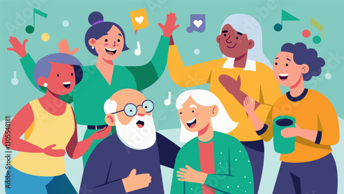 The room is filled with laughter and joy as the elderly participants bond over their shared love for music and discovery of new talents.. Vector illustration