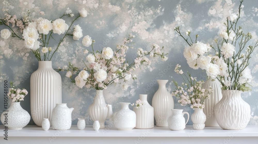 Various White Vases Displaying Beautiful Flowers on A Shelf Various White Vases Displaying Beautiful Flowers on A Shelf