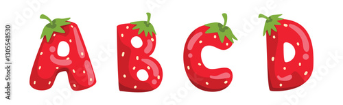 Red Strawberry English Alphabet with Bright Letter Vector Set