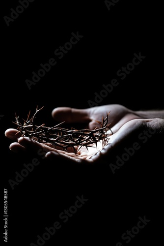 A hand gently holding a crown of thorns against dark background with copy space. Strong side lighting creates dramatic shadows, emotional and powerful. Good Friday card or poster concept.