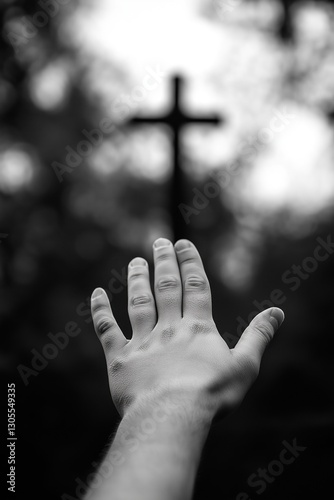 Black and white artistic shot of hand reaching toward the sky with faint cross in the blurred background. Symbolizing faith and hope. Good Friday concept.