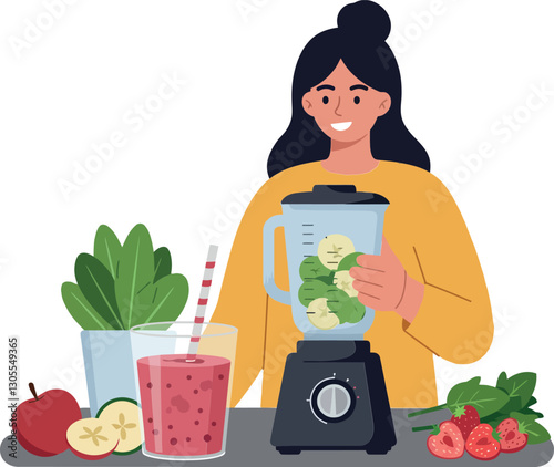 A cheerful woman blending fruits and vegetables in a bright kitchen, surrounded by fresh ingredients in a flat vector illustration