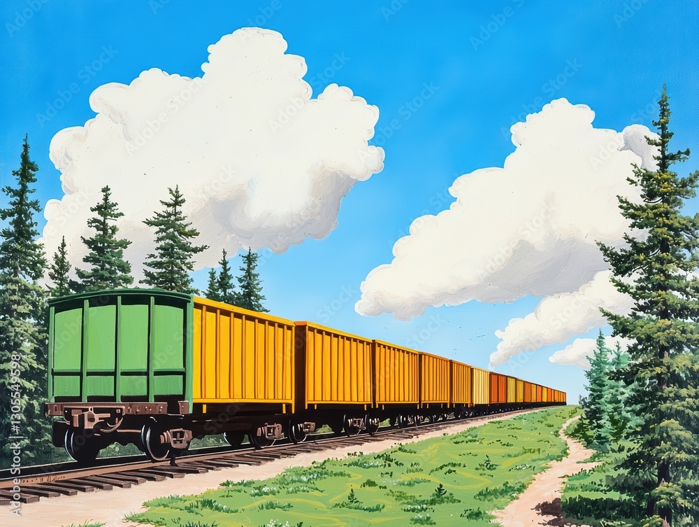 Fototapeta premium Long Freight Train Moving Through a Scenic Landscape with Clouds and Trees