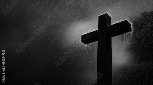 Black and white dramatic image of cross in heavy rain with water droplets visible in motion. Dark and intense atmosphere, banner with copy space. Good Friday concept.