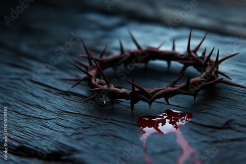 Crown of thorns resting on aged wooden surface with single drop of blood nearby, copy space for text. Good Friday concept.