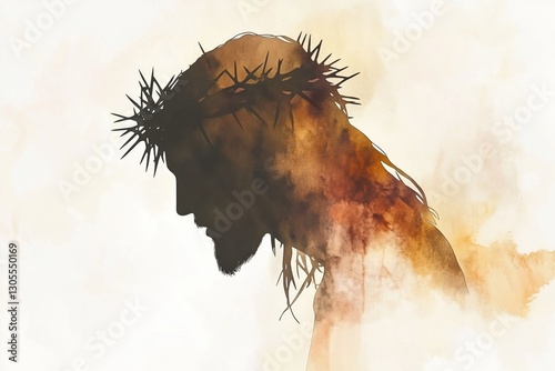 Minimalist abstract silhouette of Jesus wearing crown of thorns, created with soft watercolor brushstrokes in neutral and warm tones. Gentle and elegant. Good Friday concept.