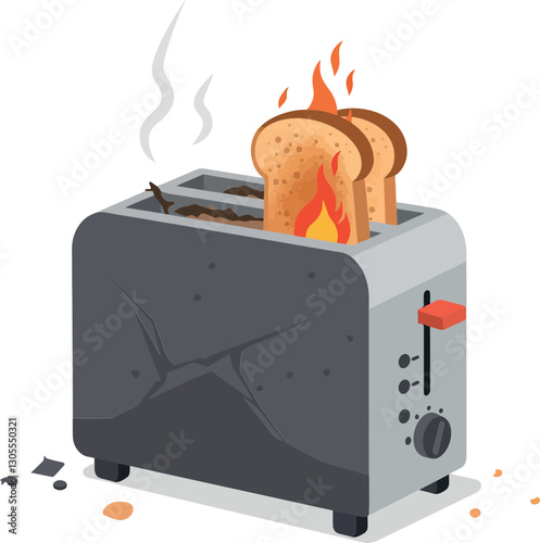 A blackened toaster with flaming bread slices emerging, depicted in a minimal style, showcasing kitchen mishap in vibrant vector art