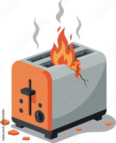 A damaged toaster with flames and smoke rising in a flat, cartoonish style showcasing kitchen mishap in vibrant colors, vector illustration