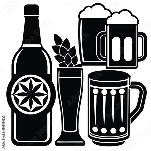 Vintage Beer Mug Collection,Retro Beer Glasses and Barley,Classic Beer Stein Design | Brewery-Themed Artwork.