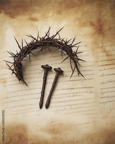 Vintage style flat lay of crown of thorns and three rusty nails placed on aged parchment with faint biblical script. Good Friday concept.