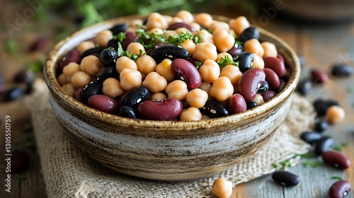 Rustic bowl filled with mixed beans including kidney black and chickpeas arranged on a wooden surface with a burlap cloth and scattered herbs