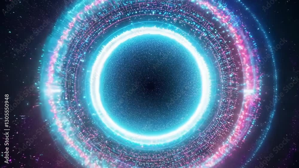 Dynamic energy portal transitions through cosmic light rings and particle motions, shiny tunnel, black hole