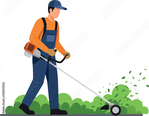 A man using a grass trimmer in a green yard wearing an orange shirt and blue overalls in a flat vector illustration