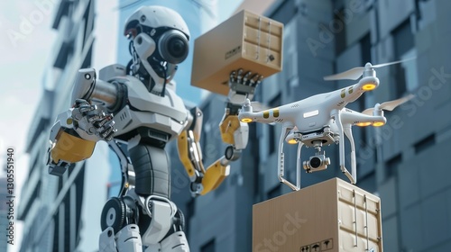 Robot and drone working. Delivery service of future. Modern cityscape in background. Automation in logistics. Machines carry packages. Unmanned flying device lifts box. photo