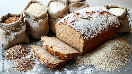 Rustic loaf of gluten free bread sliced to show its airy crumb surrounded by alternative flour sacks emphasizing health conscious baking
